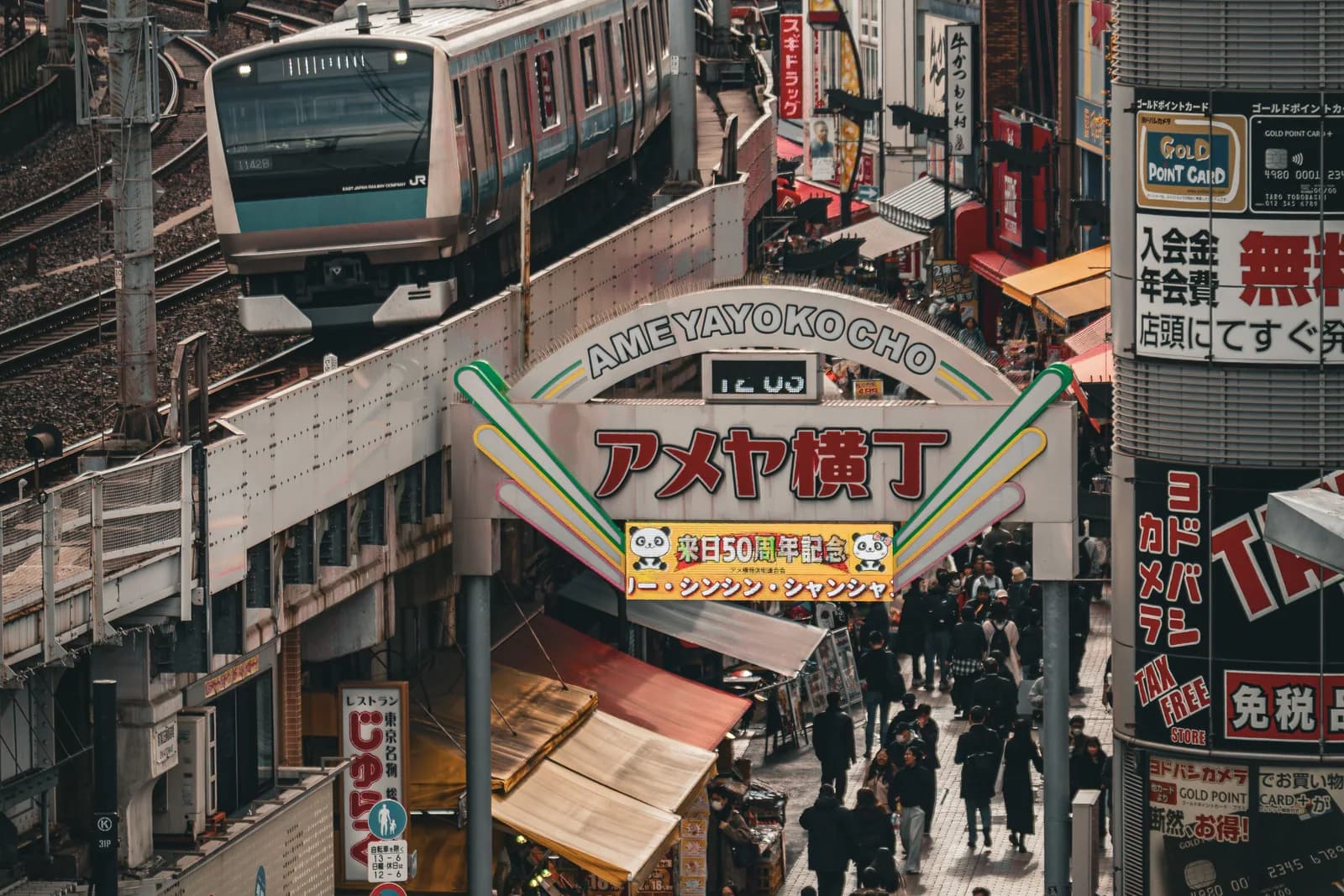 A train passing above the busy Ameyoko market street in Ueno, Tokyo